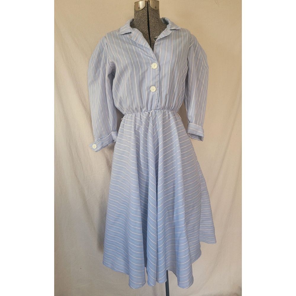 Vintage 60s 70s Striped Shirt Dress Button Fit Flare Midi Size S/M Union‎ Made